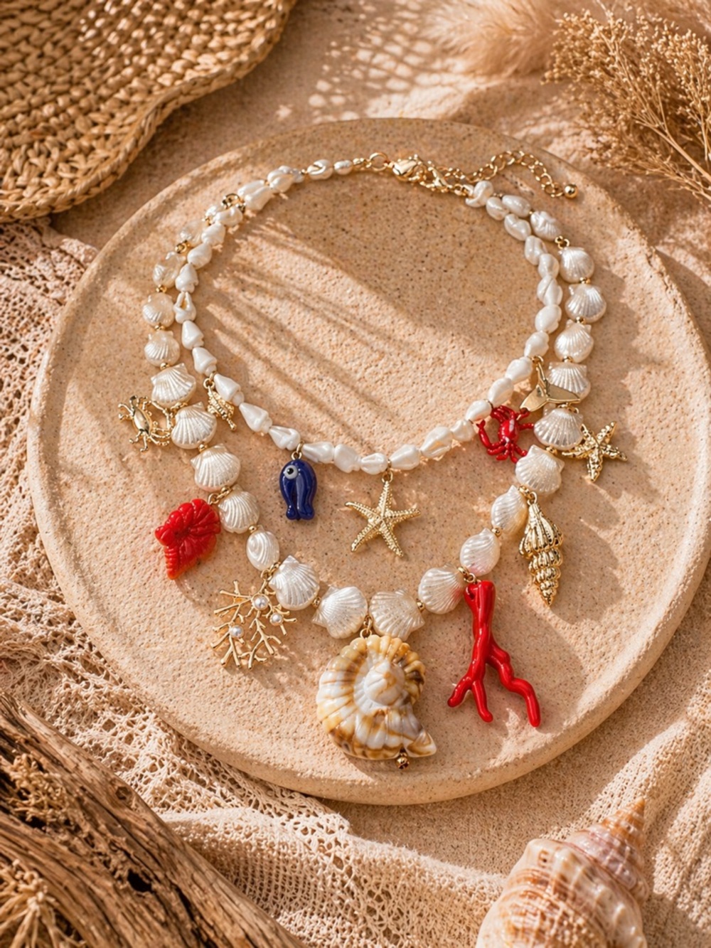 Summer Seashell Charm Multicolor 2PC Necklace Coastal Boho NWT